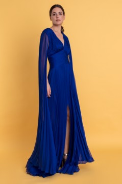 vestido de inspiración griega confeccionado en gasa chiffon azul royal Matilde Cano